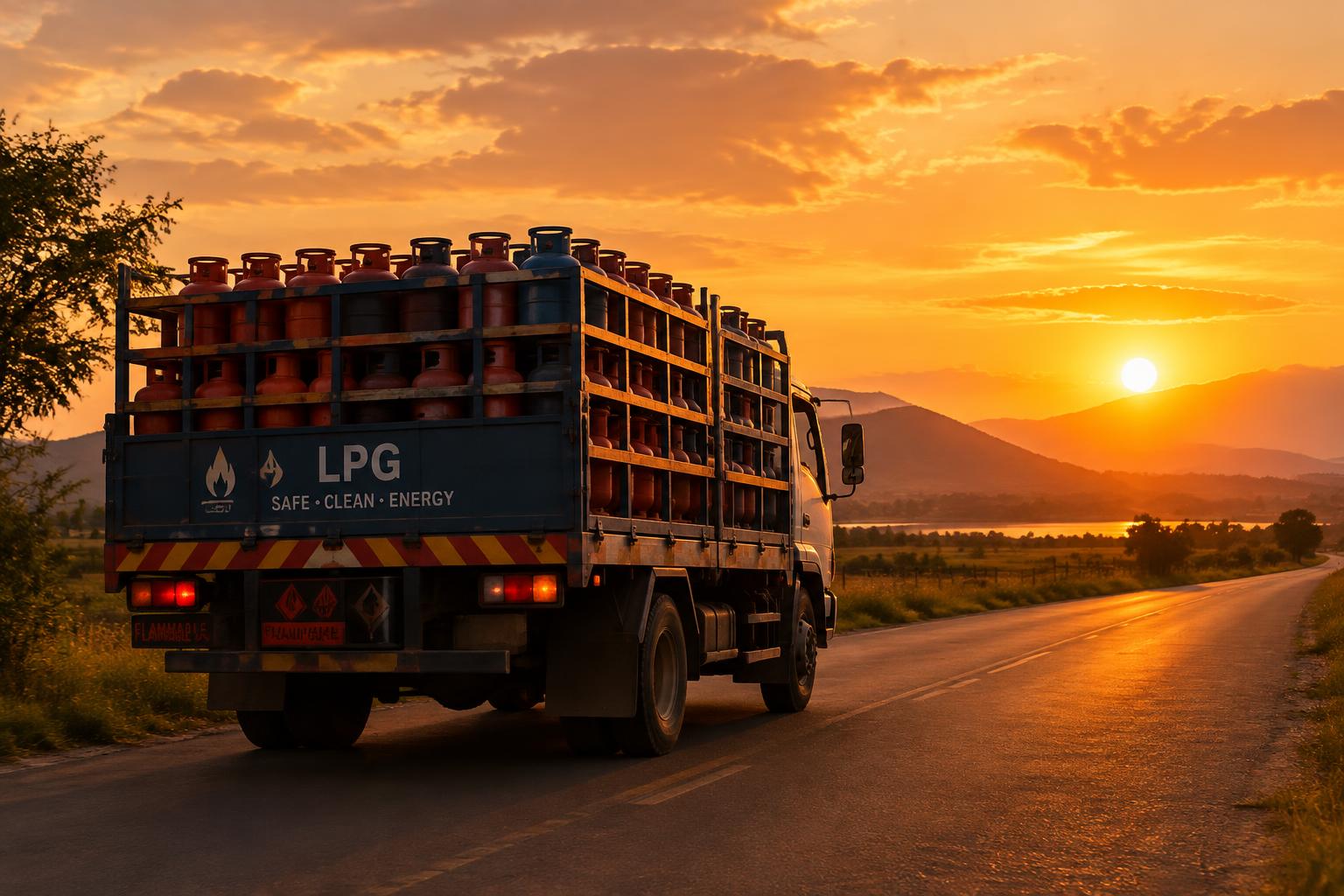 Caminhão de entrega de botijões de gás ao pôr do sol
